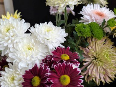 Beyaz, pembe, mor ve yeşil çiçekleri de içeren renkli çiçekler.