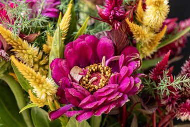 Koyu arkaplanda güzel bir buket çiçek, yakın çekim manzarası.             