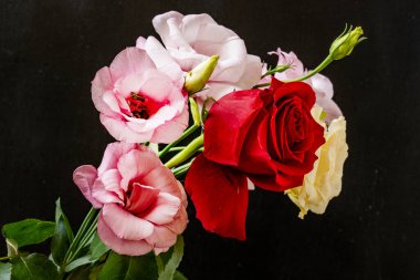 Östoma ve gül çiçekleri siyah arkaplanda