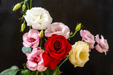 Östoma ve gül çiçekleri siyah arkaplanda