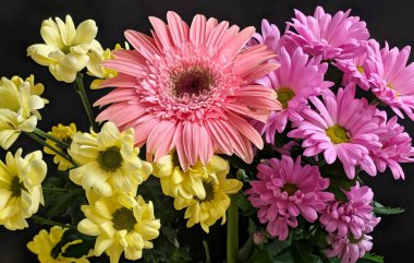 Güzel bir bukette dizilmiş renkli çiçekler.