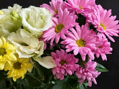 Renkli pembe sarı beyaz çiçekler.