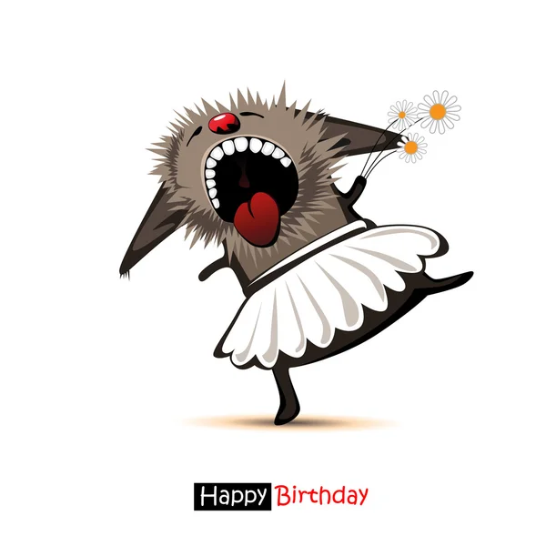 Feliz cumpleaños sonrisa bailarina gato con margaritas — Vector de stock