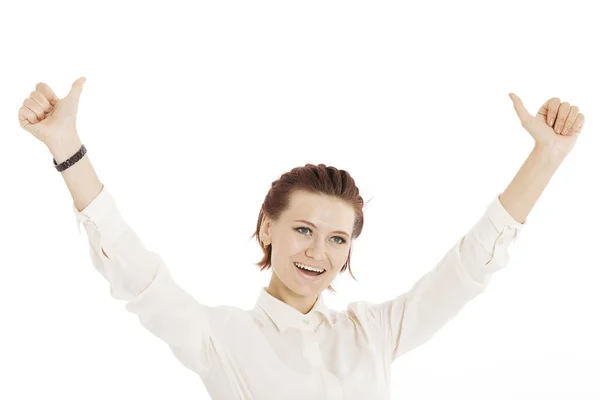 Feliz ganador. éxito mujer de negocios — Foto de Stock