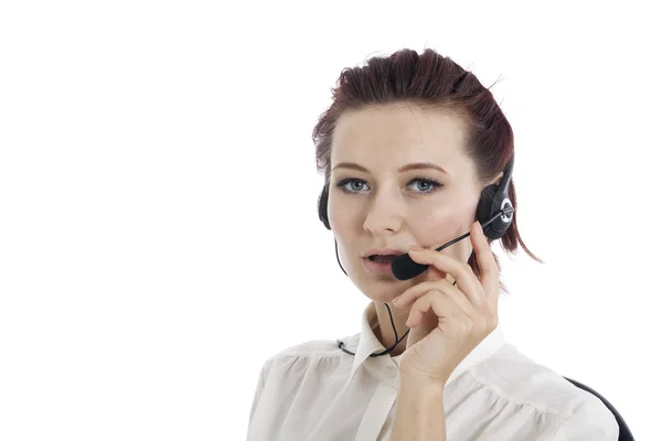 Call center opérateur souriant avec casque de téléphone — Photo