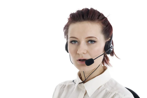 Call center opérateur souriant avec casque de téléphone — Photo