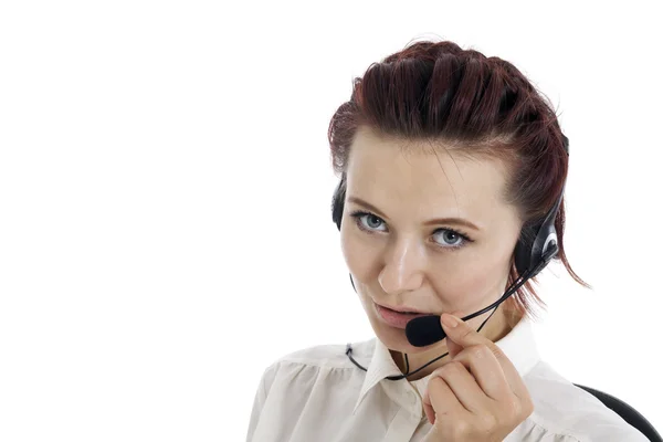 Call center opérateur souriant avec casque de téléphone — Photo