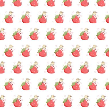 Bir şablonun yansıması. Küçük bir kız büyük bir çileğin arkasından dışarı bakıyor. Küçük beyaz kalplerin arka planında pembe arkaplan.