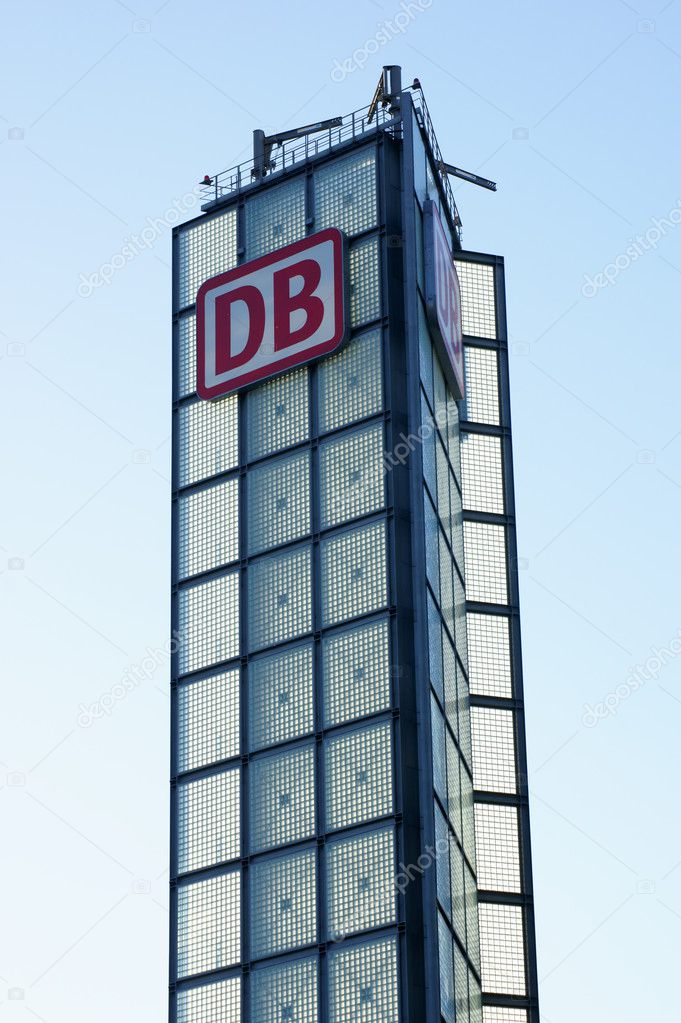 Berlin, Germany - June 04, 2015: A tower and design element with Logo from the German Railway at the Berlin Central Station on June 04, 2015 in Berlin.
