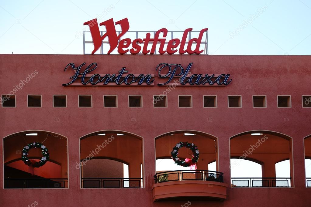 Passage with open windows and logo of the shopping center Westfield Horton Plaza San Diego on December 25, 2015 in San Diego.