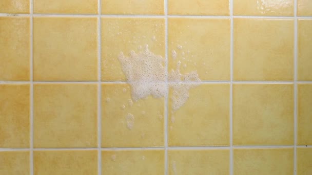 Limpieza Azulejos Cuadrados Amarillos Con Detergente Líquido Spray Esponja Húmeda — Vídeos de Stock