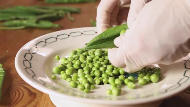 Manos Femeninas Con Guantes Desgranando Guisantes Verdes Frescos Plato Fondo — Vídeo de stock