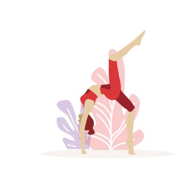 Jimnastik, yoga pozları ve spor egzersizleri. Kız spor, yoga ve esneme yapıyor.