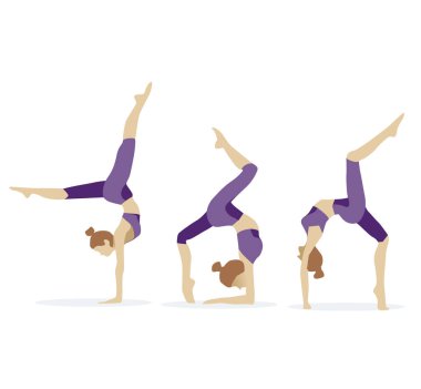 Spor egzersizleri, jimnastik öğeleri ve spor takım elbiseli kızlar için esneme hareketleri, vektör çizimleri.