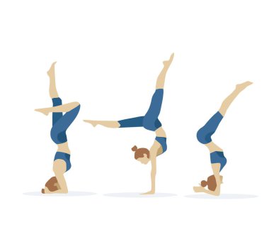 Spor egzersizleri, jimnastik öğeleri ve spor takım elbiseli kızlar için esneme hareketleri, vektör çizimleri.