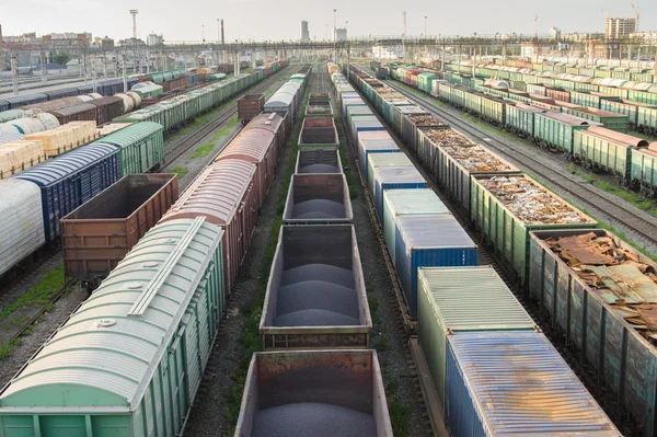 Vlaky s průmyslovým zbožím stojí na kolejích Stock Snímky
