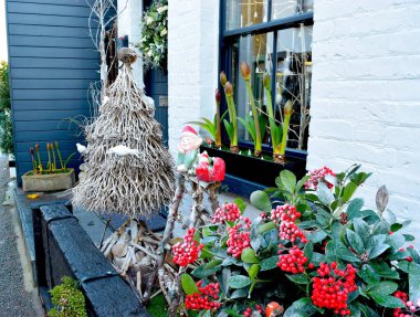 Güneşli bir günde evin yanında parlak Noel süslemeleri.