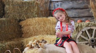 Ukrayna halk kostümü giymiş beyaz bir kız saman balyalarında tavuklarla oynuyor. Mutlu Paskalyalar