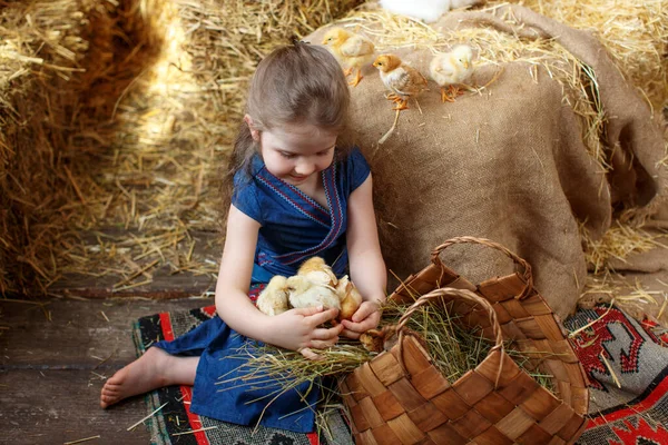 Niña Linda Vestido Azul Decoraciones Pascua Fardos Paja Con Conejo — Foto de Stock