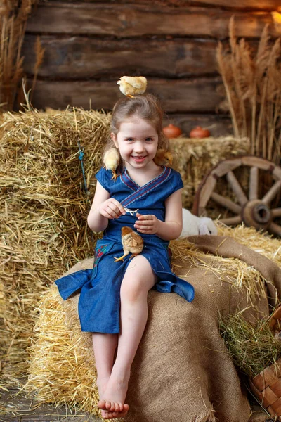 Маленька Мила Дівчинка Блакитній Сукні Великодніх Прикрасах Солом Яних Тюках — стокове фото