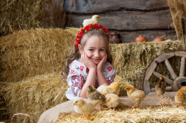 Ukrayna halk kostümlü kız saman balyalarında tavuklarla oynuyor. Mutlu Paskalyalar