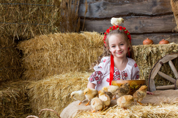 The girl in a Ukrainian folk costume plays with chickens in bales of straw. Happy Easter