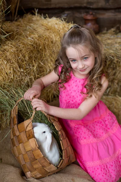 Мила Красива Дівчинка Рожевій Сукні Солом Яних Тюках Білим Кроликом — стокове фото