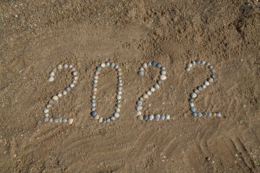 2022, kumlu bir sahile deniz kabuklarından serilmiş. Mutlu yıllar.