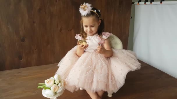 Una Niña Tres Años Con Exuberante Hermoso Vestido Rosa Con — Vídeo de stock