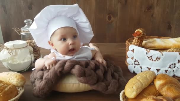 Five Month Old Boy Dressed White Baker Suit Cap Lies — Video Stock