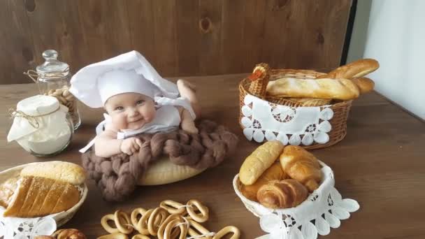Five Month Old Boy Dressed White Baker Suit Cap Lies — Vídeo de Stock