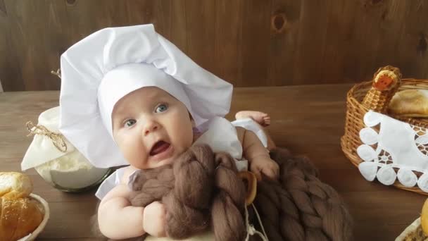 Five Month Old Boy Dressed White Baker Suit Cap Lies — Vídeos de Stock