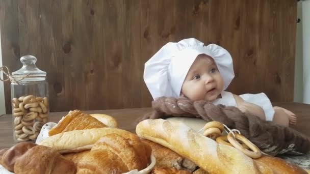 Five Month Old Boy Dressed White Baker Suit Cap Lies — Vídeo de Stock