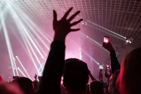 Una Multitud Personas Concierto Divierten Bailan Con Música Concierto Vista — Foto de Stock