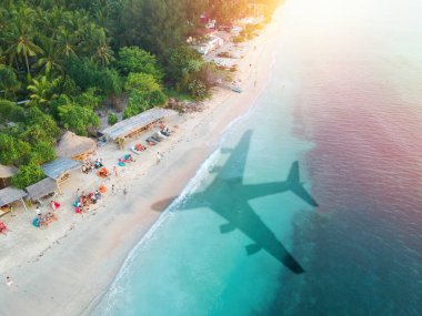 Seyahat ve hava yolculuğu kavramı. İniş yapan uçağın gölgesiyle okyanusun kumlu sahilinin en üst görüntüsü. Işık. Sağ taraftan görüntüle