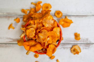 Orman portakalı mantarları hasır sepetin içinde ve beyaz ahşap bir masaya saçılmış. Kapatın. Yukarıdan bak. Kırsal biçim.