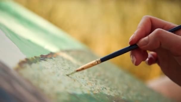 Χέρι Μιας Γυναίκας Ζωγραφίζει Ένα Πινέλο Στον Καμβά Μικρές Πινελιές — Αρχείο Βίντεο