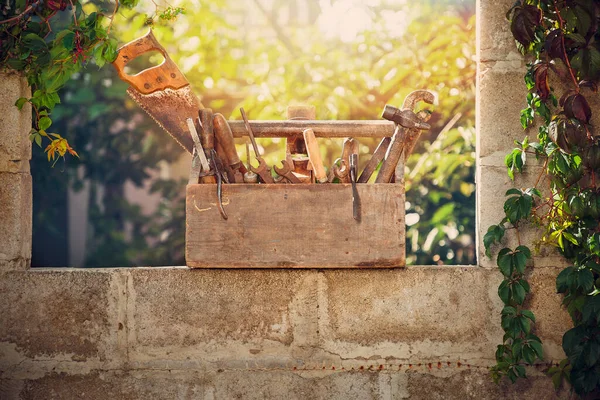 日落时院子里的老式工具箱 — 图库照片