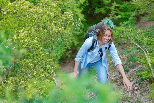 Smiling woman climbing on a mountain path. Plants and trees in the background. Active sports and tourism. Tint.