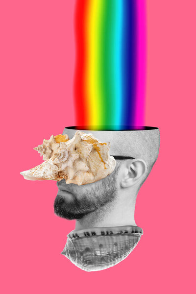Collage of modern art. The concept of information content. A man's head with a seashell on the eyes and a beard, in which the rainbow stream tends. Pink background. Vertical.