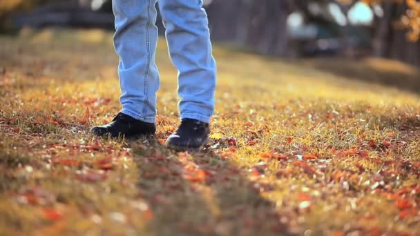 Person Jeans Boots Kicking Leaves Shifting One Foot Other Legs — Stock Video