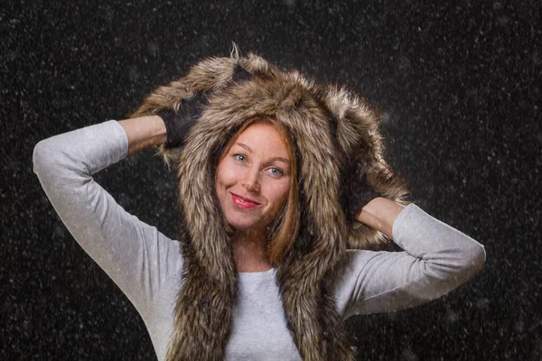 Young Beautiful Woman Fur Hat Ears Woolly Mittens Smiling Provocatively — Stock Photo, Image