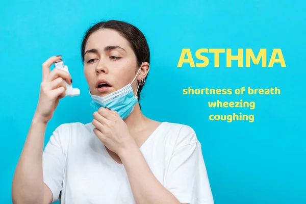 Symptoms of asthma. A woman takes a medical mask to make the inhalation of medication. Blue background with text.