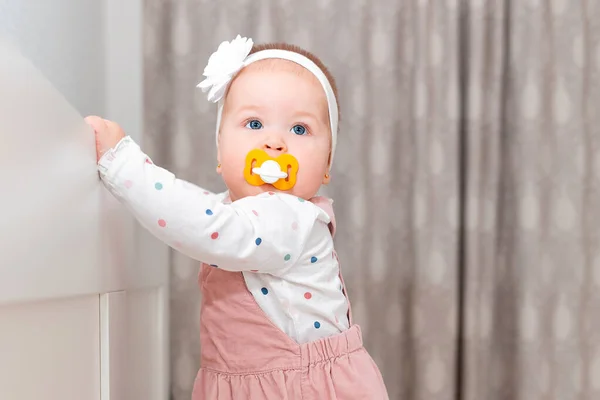 Portrait Cute Baby Girl Dress Pacifier Her Mouth Headband Her — Stock Photo, Image