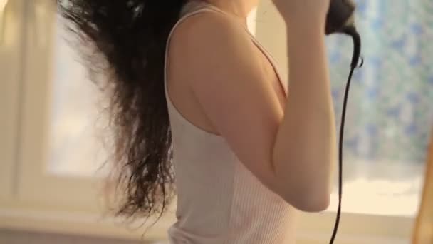 Hair Care Young Woman Combs Dries Her Long Dark Hair — Stock Video