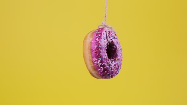 Een Roze Matte Donut Opgehangen Aan Een Touwtje Draait Langzaam — Stockvideo