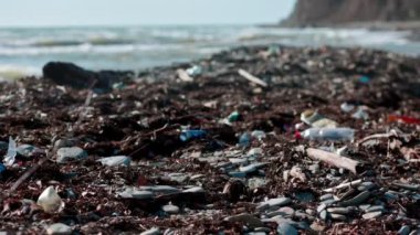 Fırtınadan, yosundan ve plastik çöpten sonra kirli okyanus kıyısı. Odağı kıyıdan fırtınalı okyanusa taşıyorum. Çevre kirliliği kavramı.