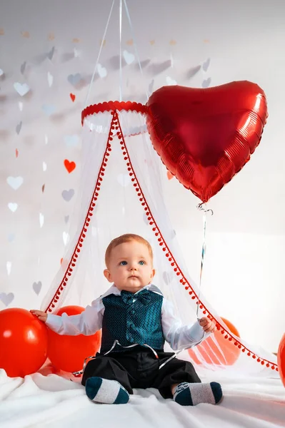 Valentine Day Little Baby Boy Sitting Red Ball Form Heart — Stock Photo, Image