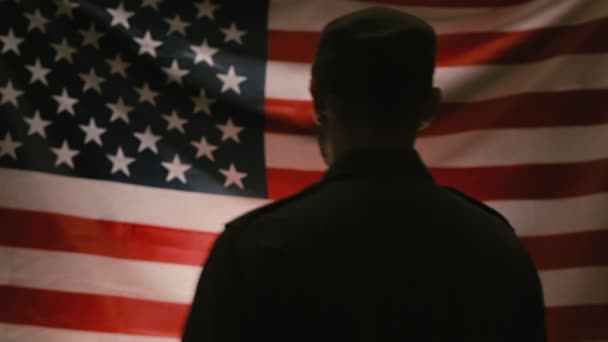 군인의 메모리얼 독립기념일 군인의 실루엣 프레임에 들어가고 나온다 배경에 국경일의 — 비디오