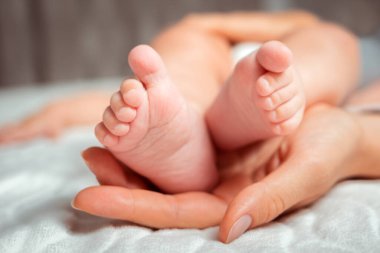 Bir annenin eli bebeğin bacaklarını tutar. Yakın plan. Anneler Günü ve Ebeveynlik Gününün Sonu.